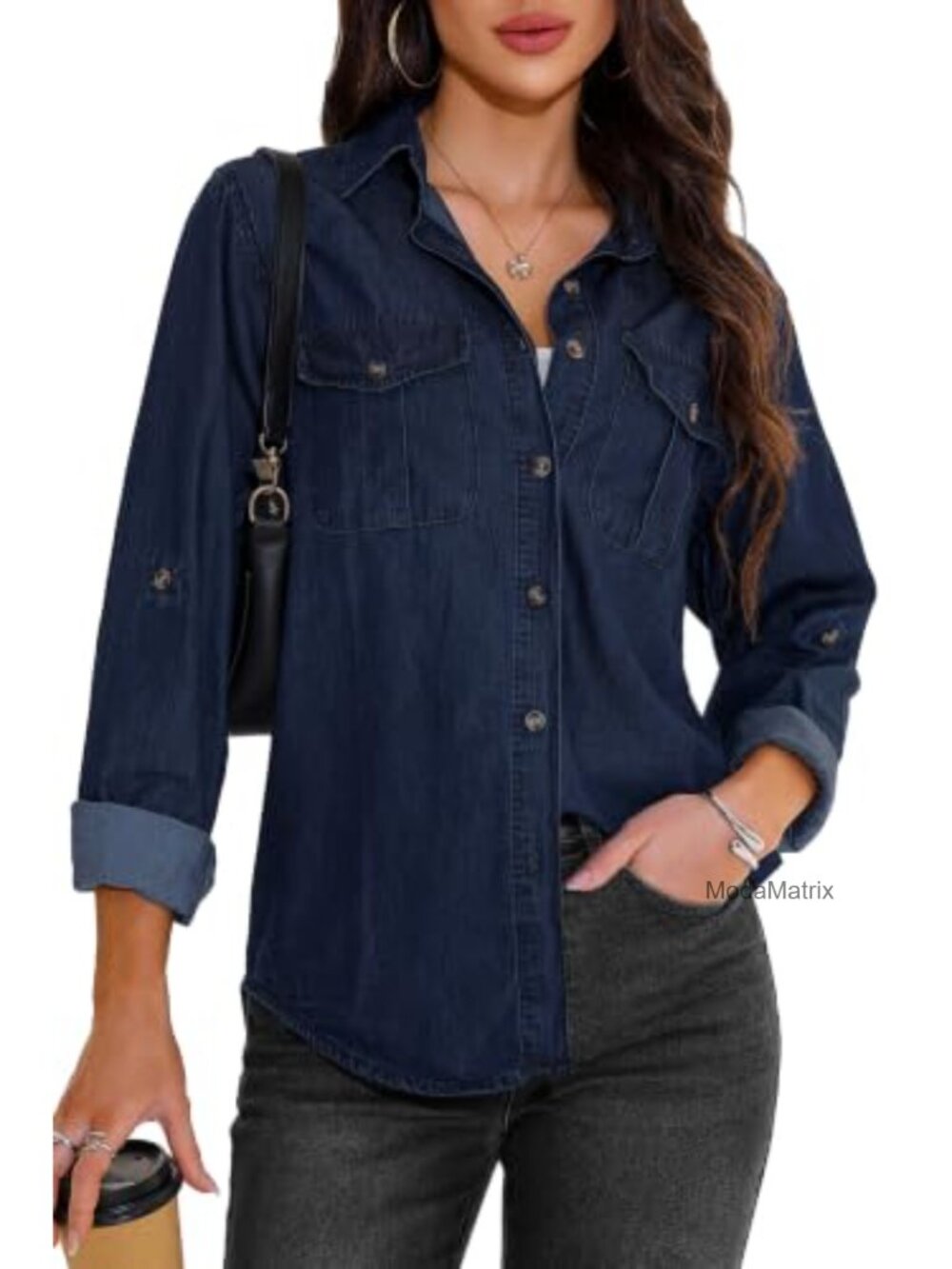 Womens Oversized Boyfriend Denim Button Down Western Shirt Cotton Blend